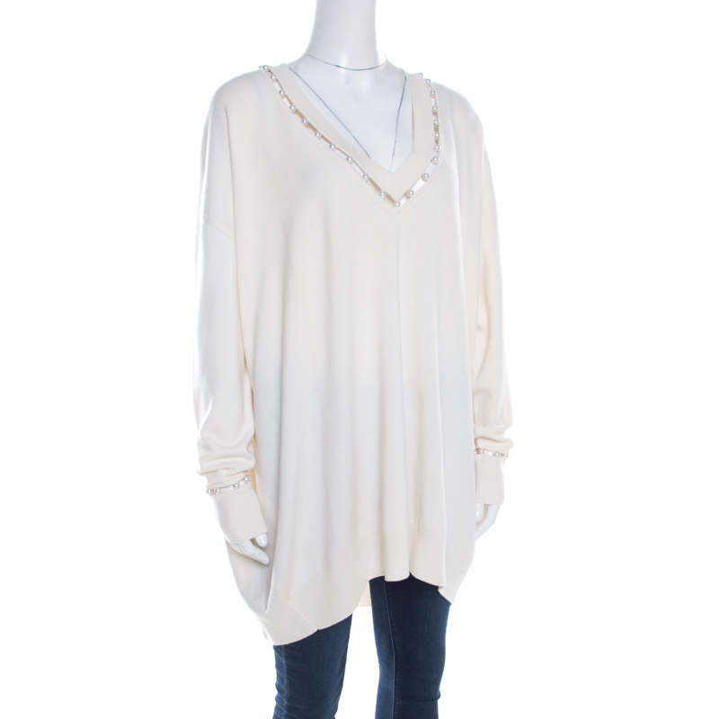 

Givenchy Cream Cashmere Wool Faux Pearl Trim V Neck Sweater