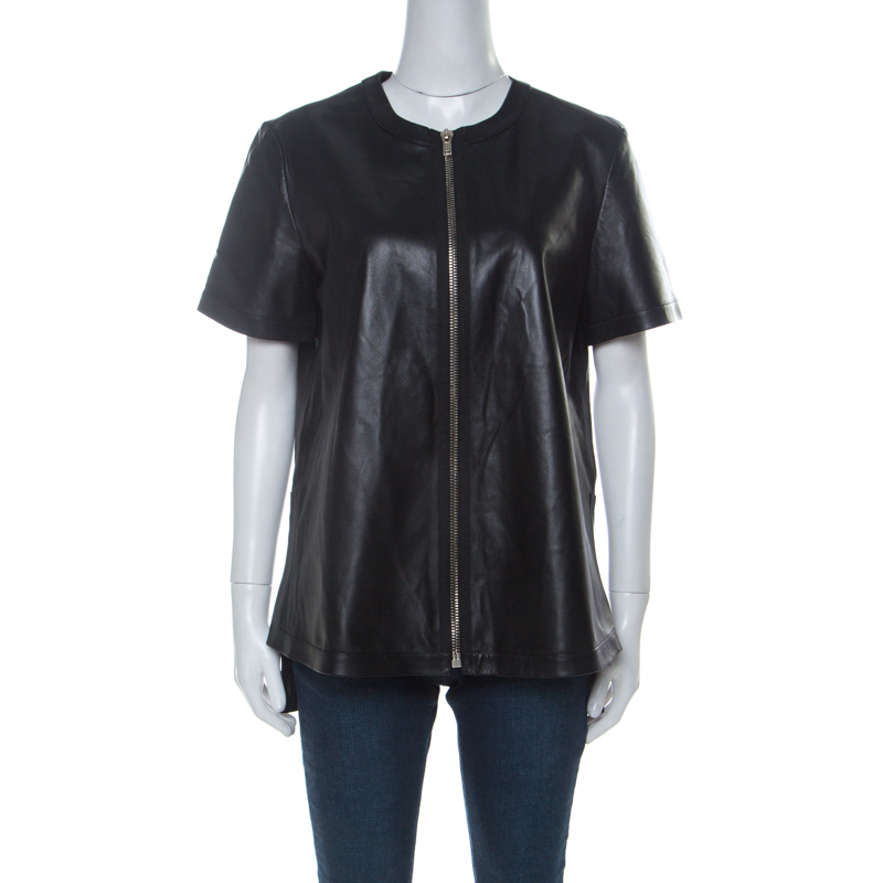 Image of Givenchy Black Lambskin Zip Front Short Sleeve Top L
