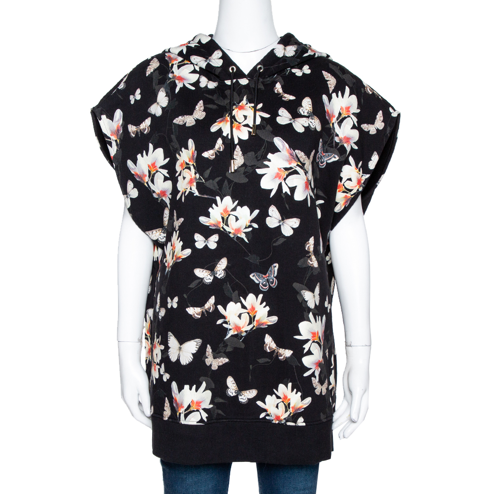 Image of Givenchy Black Floral Moth Print Cotton Sleeveless Hoodie M