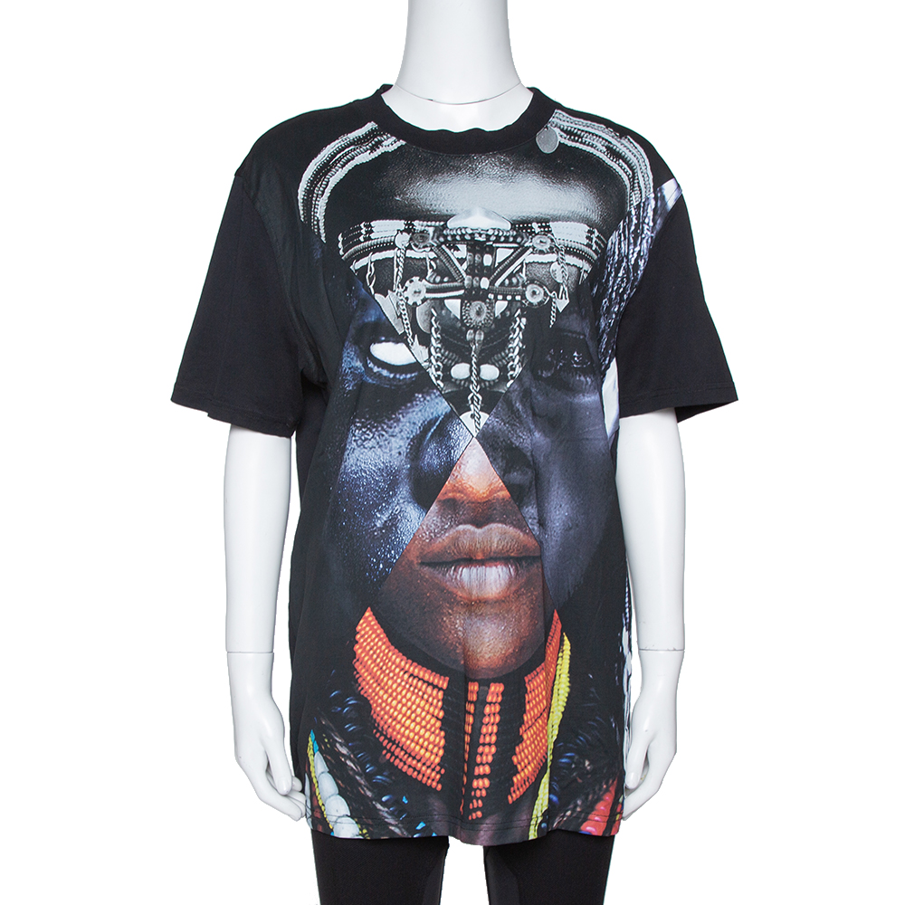 Image of Givenchy Black Cotton Patchwork Portrait Print Crew Neck T Shirt S