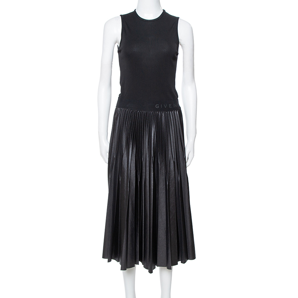 Image of Givenchy Black Jersey Pleated Faux Leather Midi Dress S