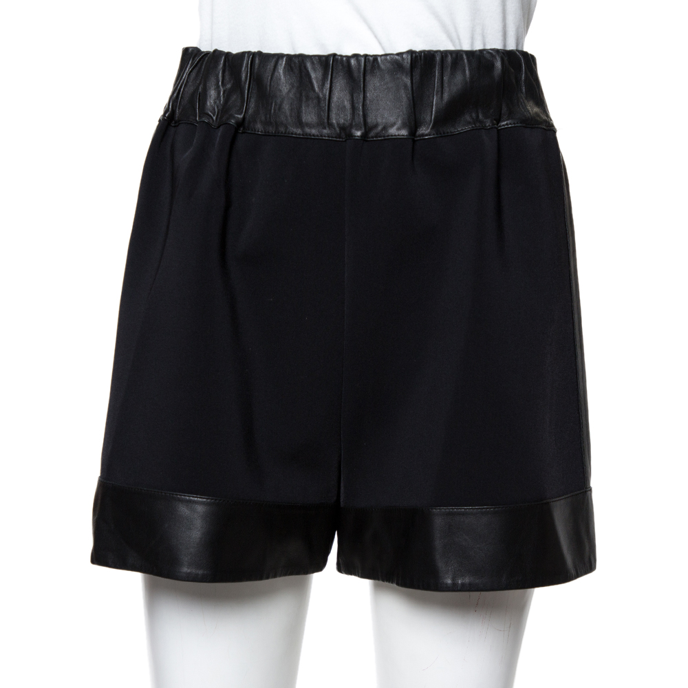 Image of Givenchy Black Leather & Jersey Elasticized Waist Shorts M