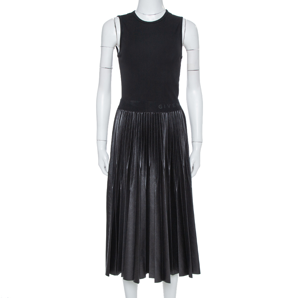 Image of Givenchy Black Knit & Plisse Sleeveless Midi Dress S