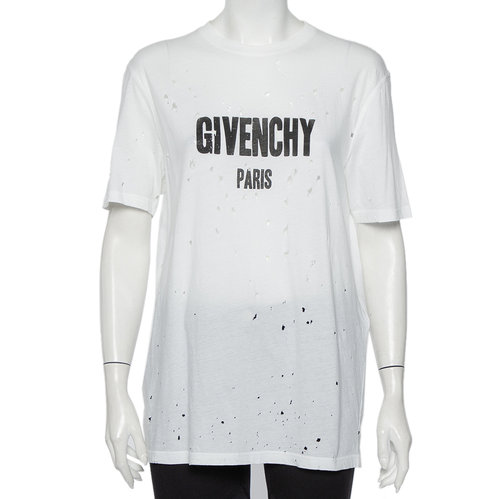 Givenchy White Logo Printed Cotton Distressed T-Shirt XS