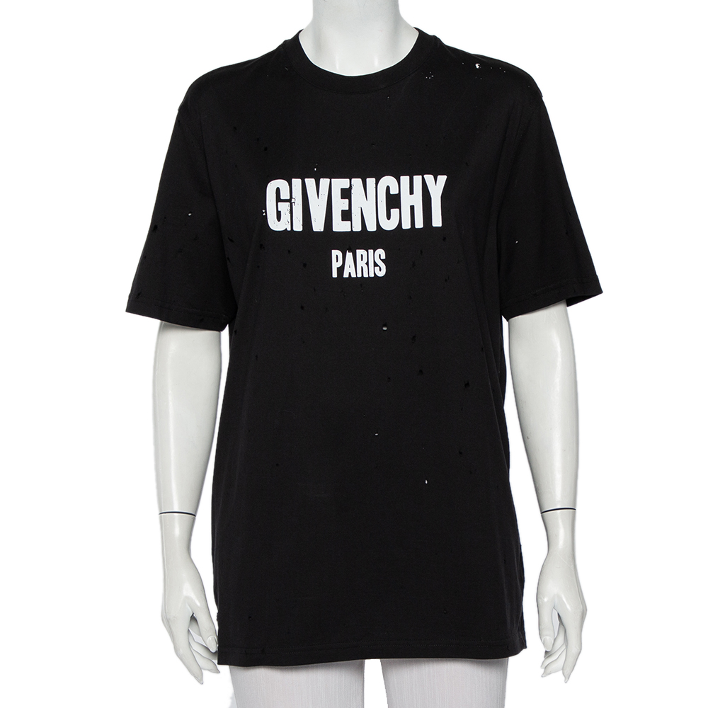 Givenchy Black Logo Printed Cotton Distressed T-Shirt S