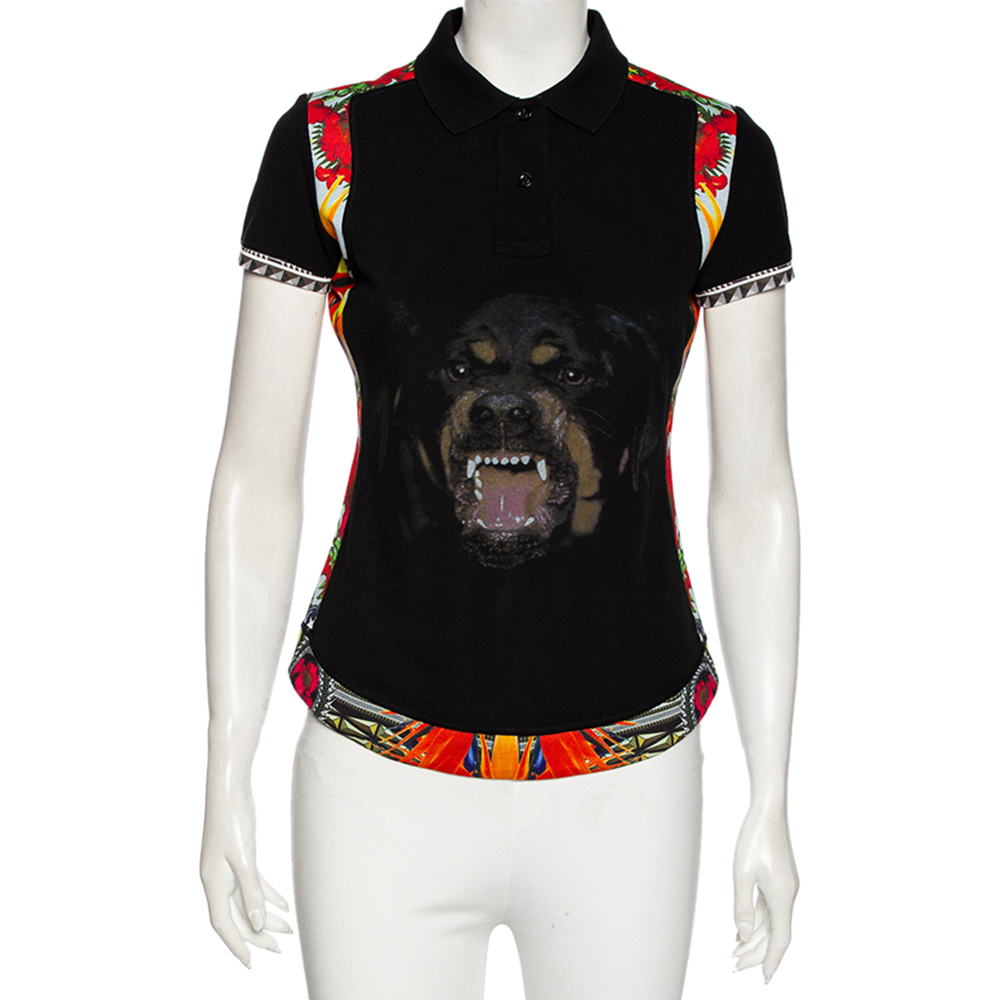 Givenchy black rottweiler printed cotton pique contrast trimmed polo t-shirt m