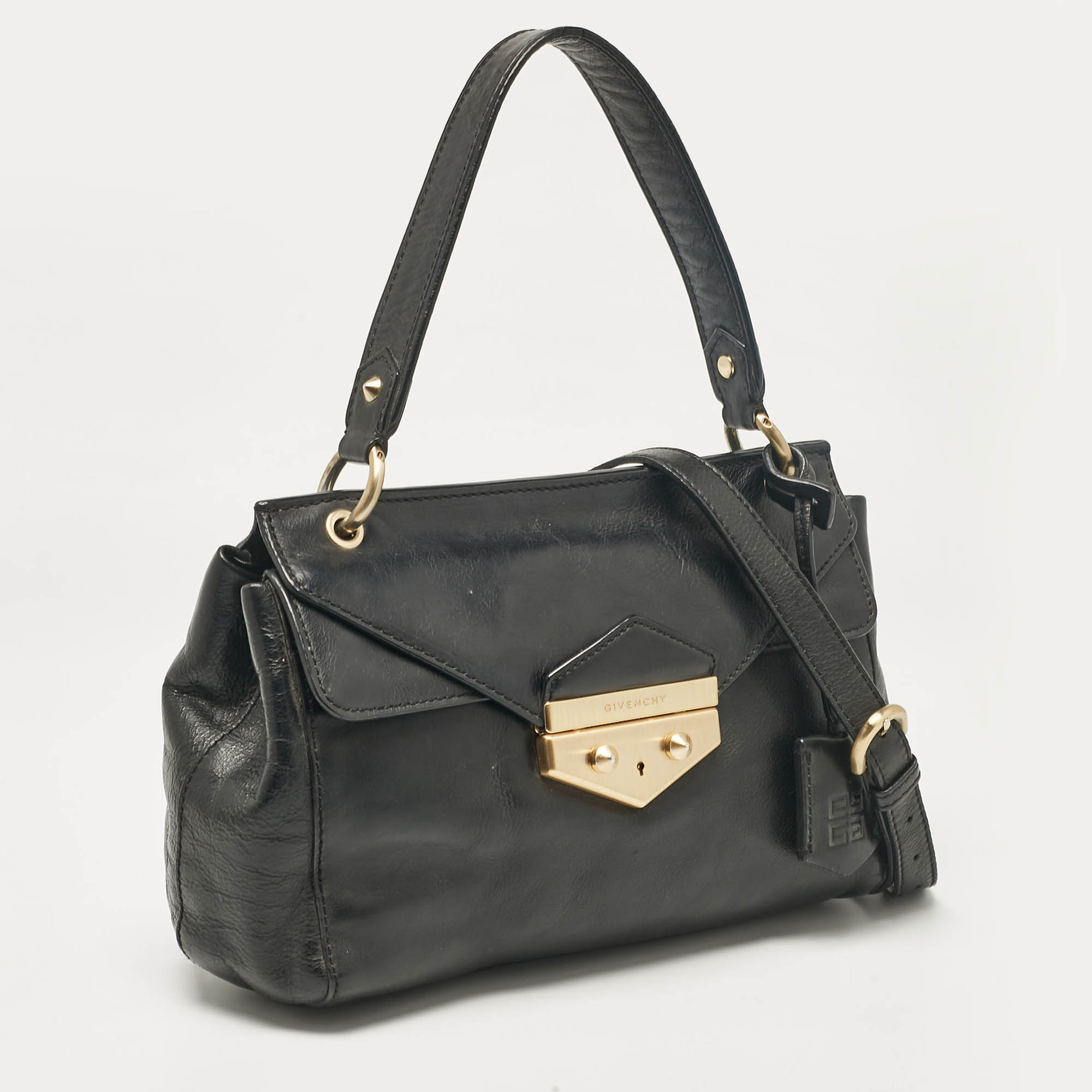 Givenchy Black Leather Pushlock Flap Top Handle Bag