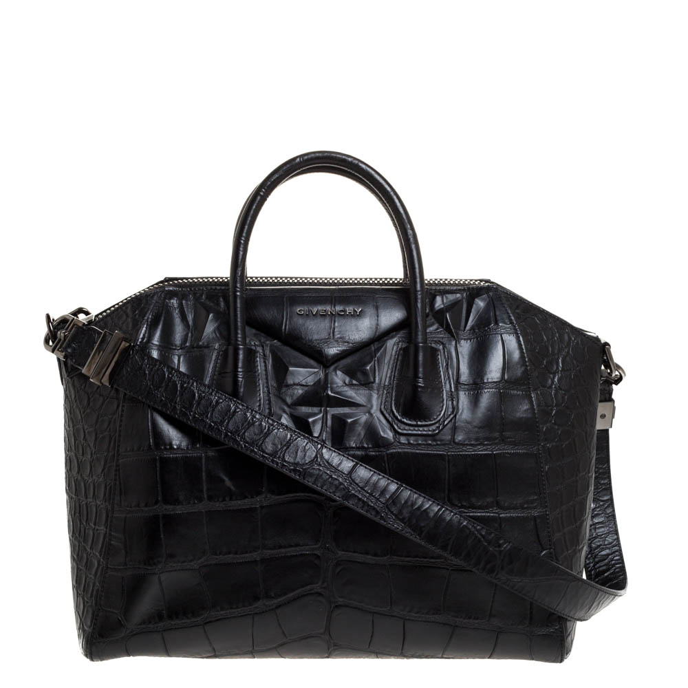 Image of Givenchy Black Croc Embossed Leather Medium Antigona Satchel