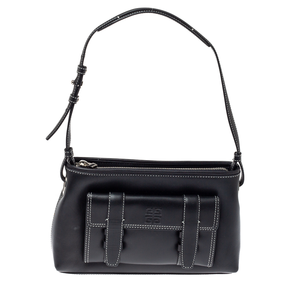 Image of Givenchy Black Leather Front Pocket Shoulder Bag