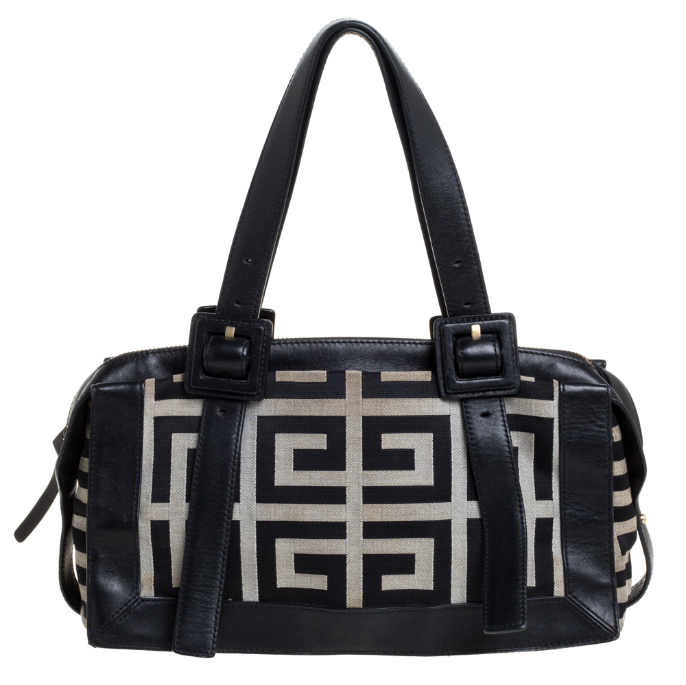 Image of Givenchy Black/Grey Monogram Canvas and Leather Satchel
