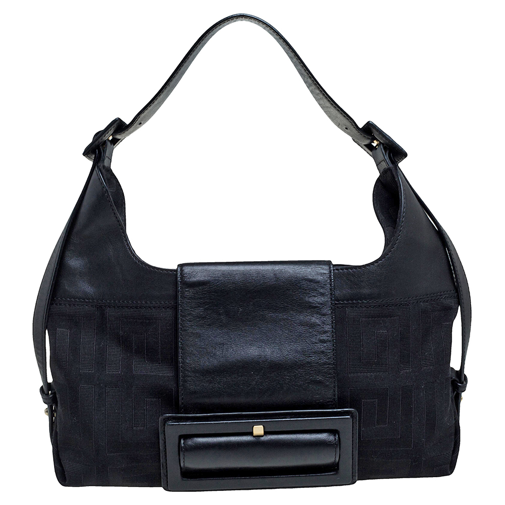 Givenchy Black Signature Canvas and Leather Buckle Flap Shoulder Bag