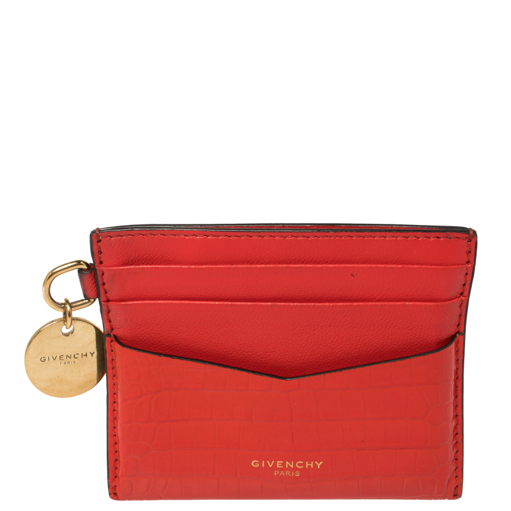 Givenchy Red Croc Embossed Leather and Leather Card Case