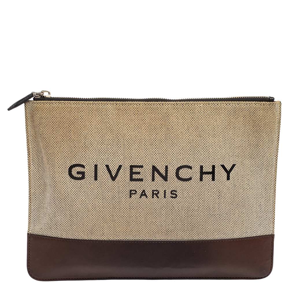 Givenchy Beige/Brown Canvas and Leather Flat Zip Pouch