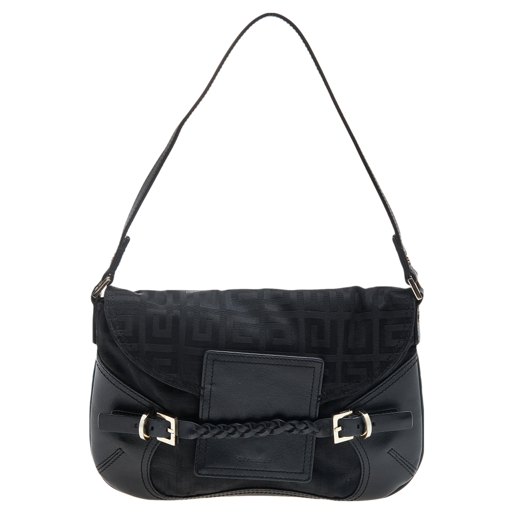 Givenchy black monogram canvas and leather flap shoulder bag