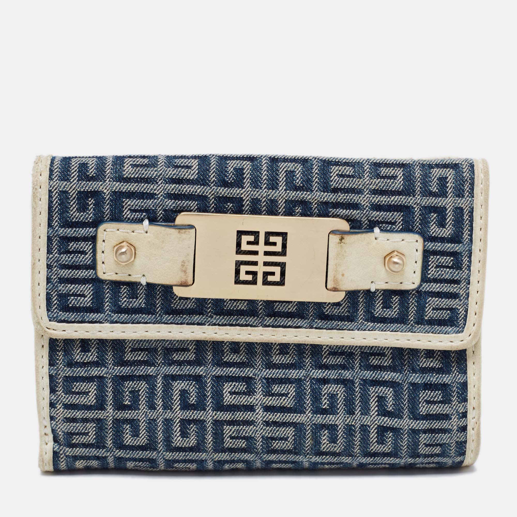 Givenchy Blue/Cream Monogram Canvas And Leather Metal Flap Compact Wallet