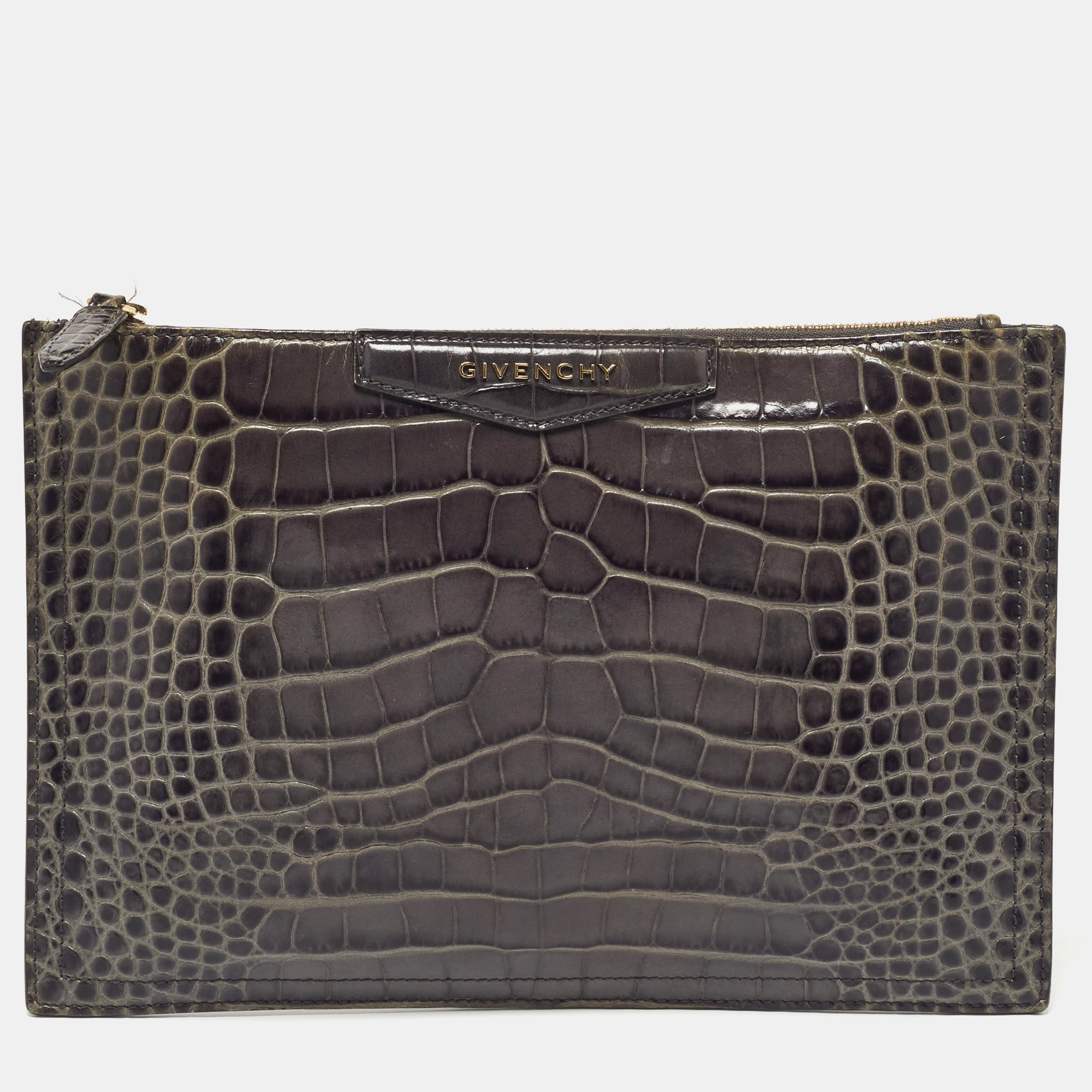 Givenchy Grey Croc Embossed Leather Medium Antigona Pouch
