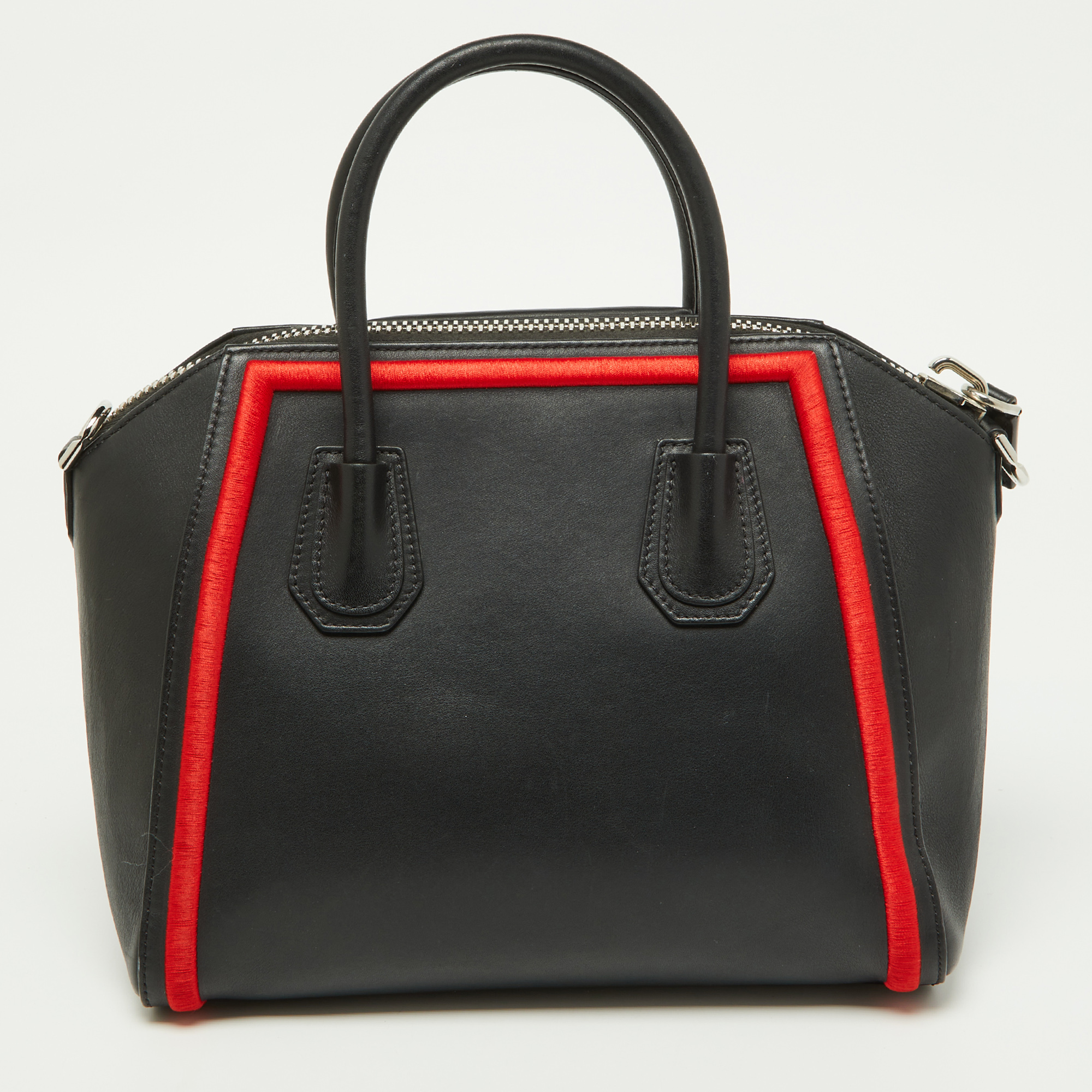 Givenchy Black/Red Leather And Faux Fur Small Embroidered Antigona Satchel