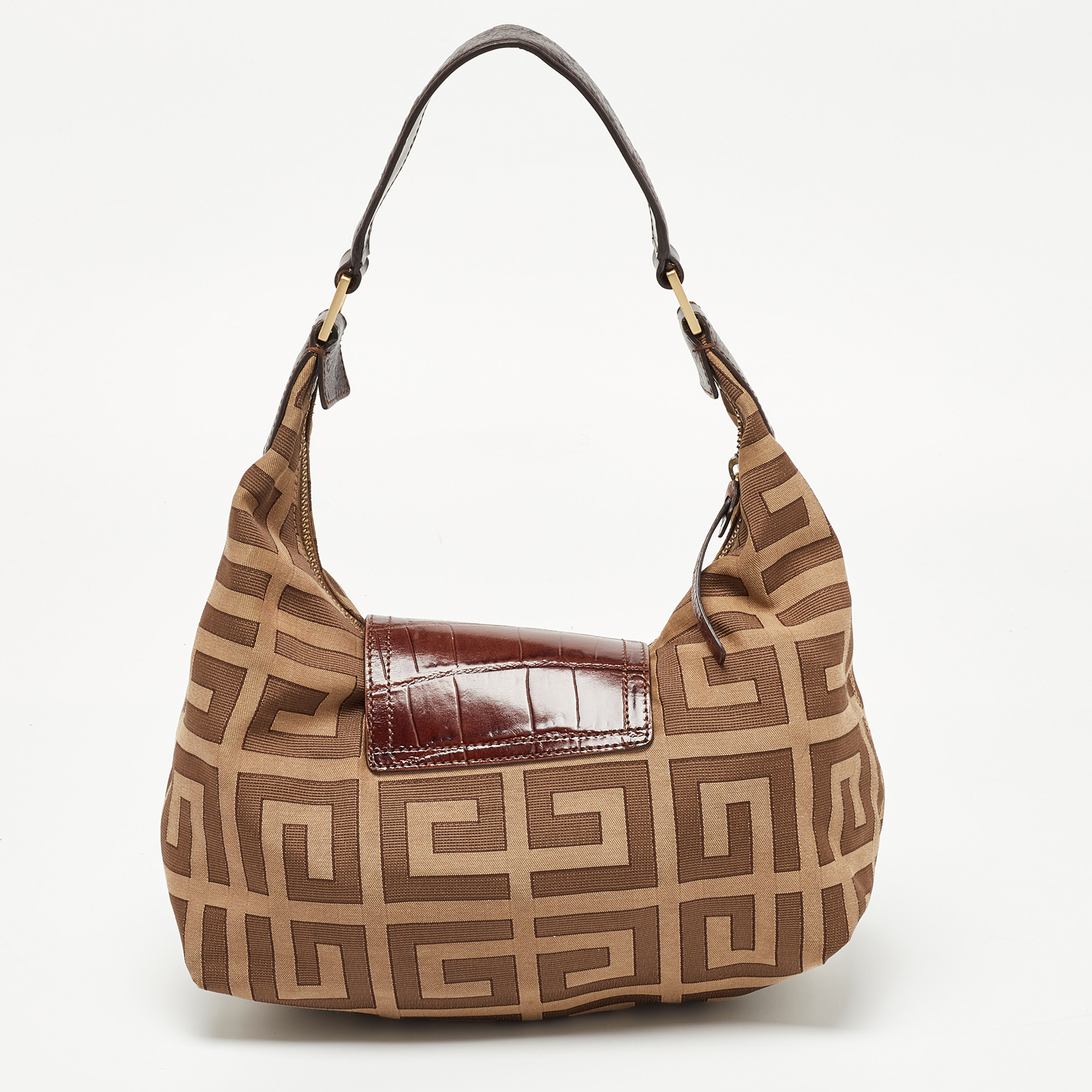 Givenchy Beige/Brown Signature Canvas And Croc Embossed Leather Hobo