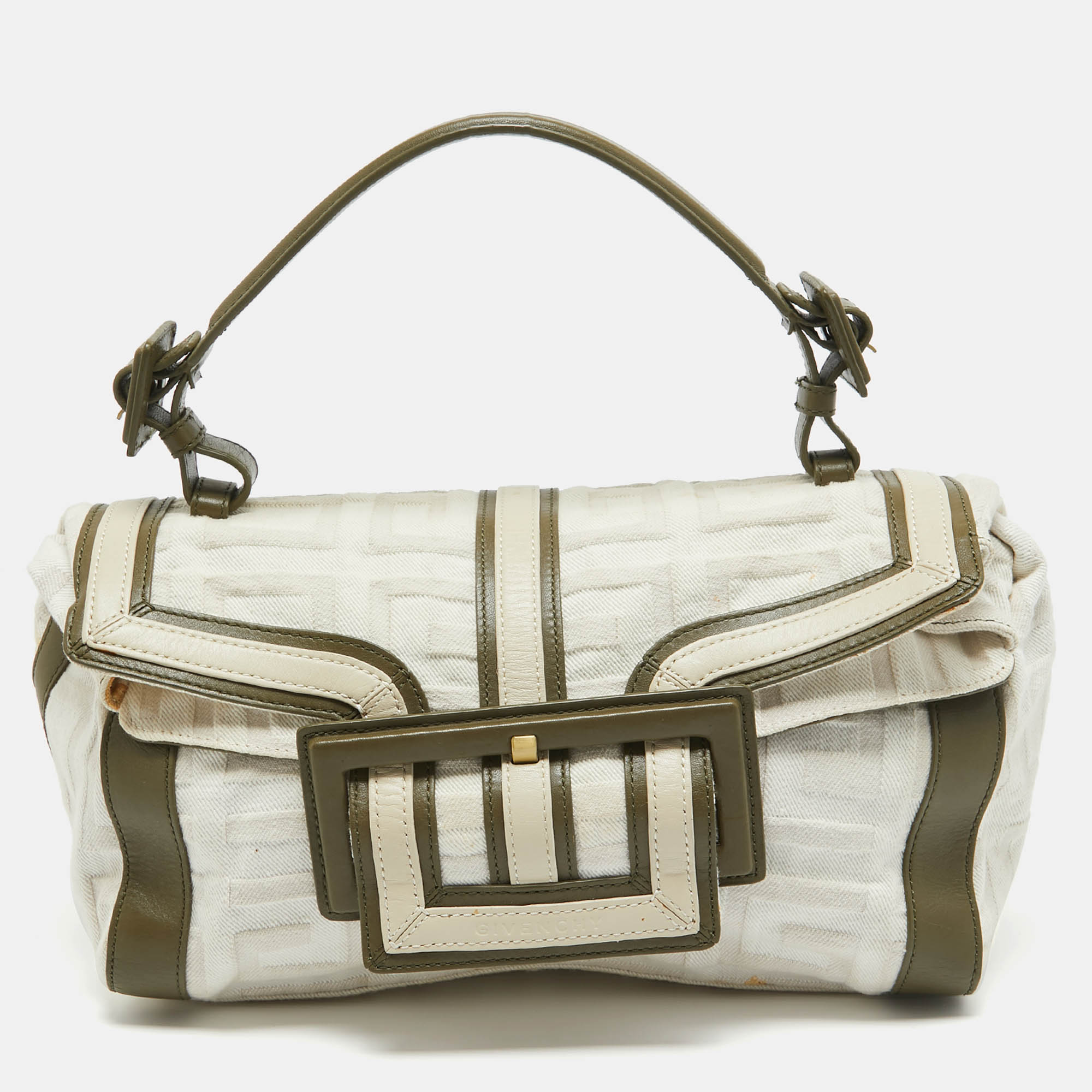 Givenchy white/olive green signature fabric and leather top handle bag