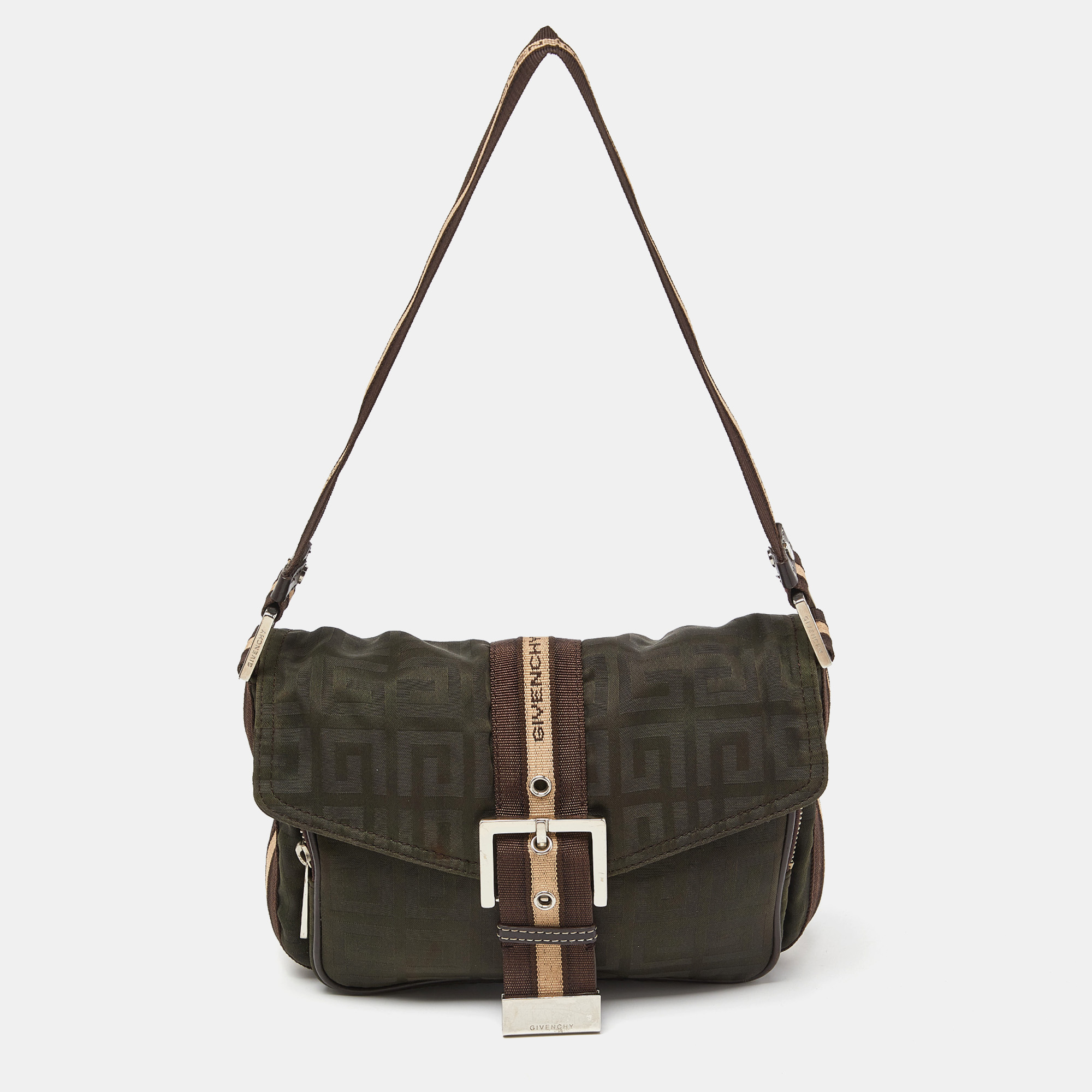 Givenchy green/brown monogram fabric buckle flap baguette bag