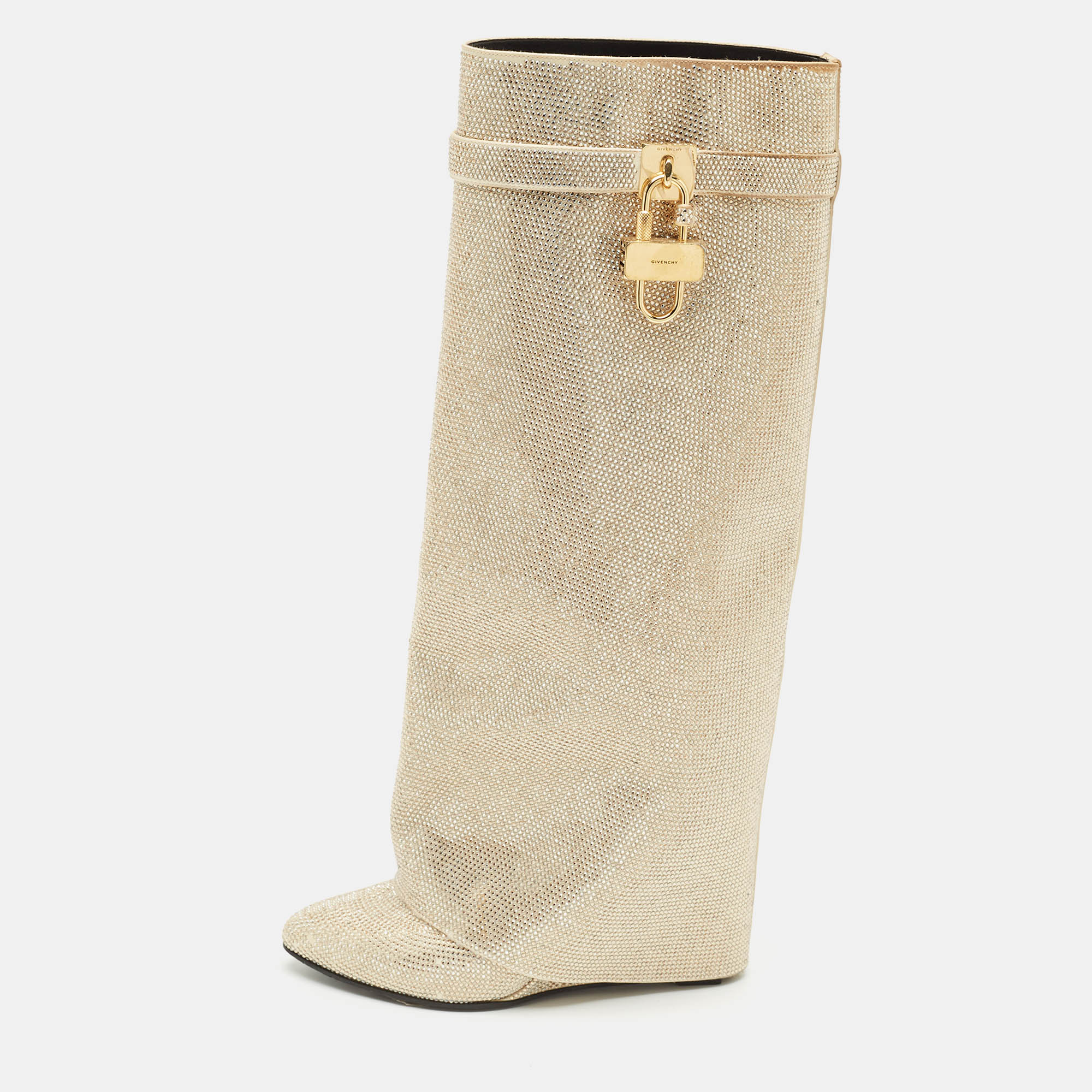 Givenchy Gold Satin Crystal Embellished Shark Lock Knee Length High Boots Size
Givenchy Gold Satin Crystal Embellished Shark Lock Knee Length High Boots Size