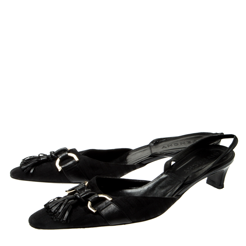 Givenchy Black Monogram Canvas Tassel Detail Pointed Toe Slingback Mules Size 39