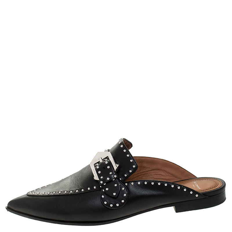 

Givenchy Black Studded Leather Buckle Logo Detail Flat Mules Size