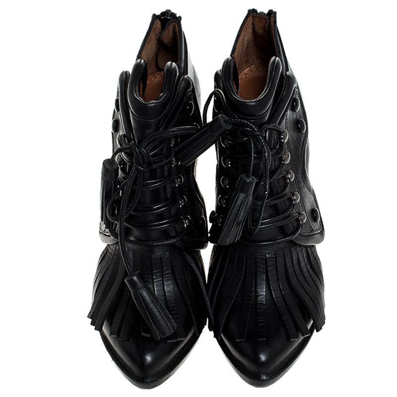 Givenchy Black Leather Fringe Lace Up Booties Size 37