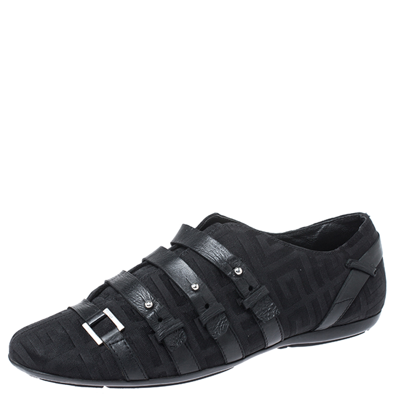 Image of Givenchy Black Fabric and Leather Buckle Low Top Sneakers Size .