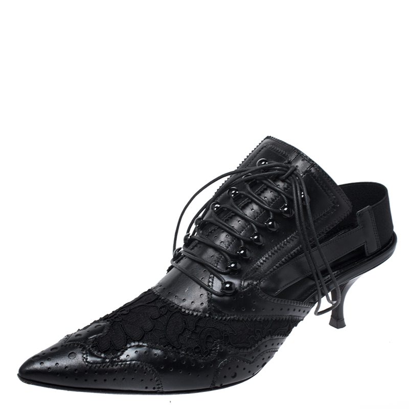 Image of Givenchy Black Lace And Brogue Leather Lace Up Detail Slingback Mule Sandals Size
