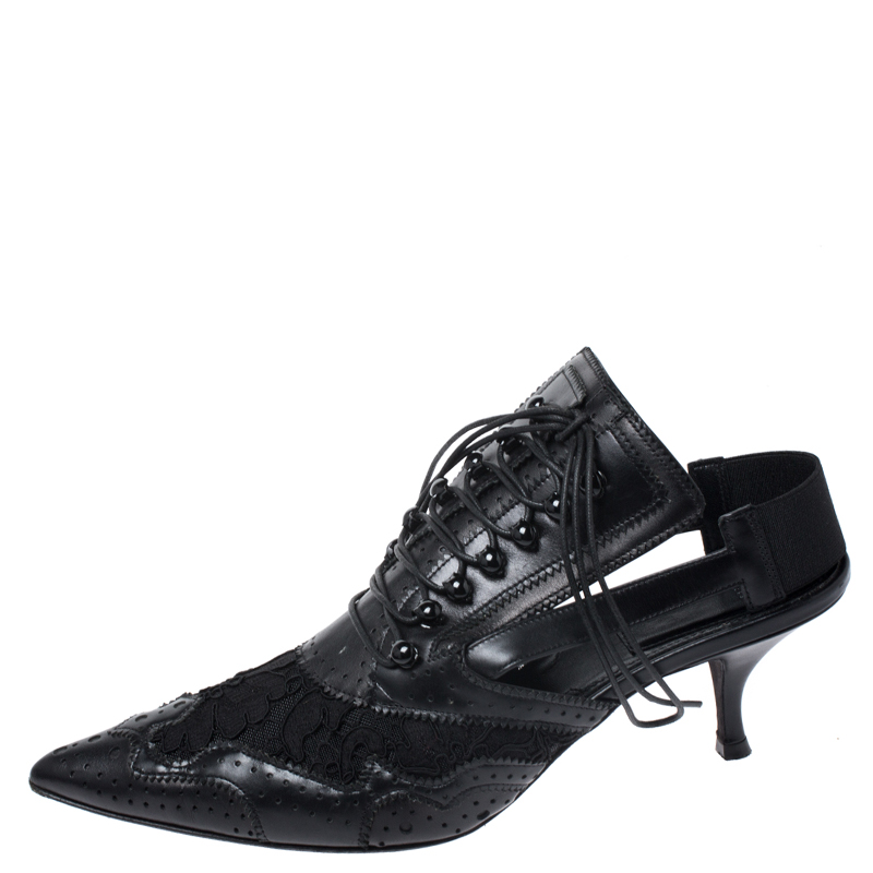 

Givenchy Black Lace And Brogue Leather Lace Up Detail Slingback Mule Sandals Size