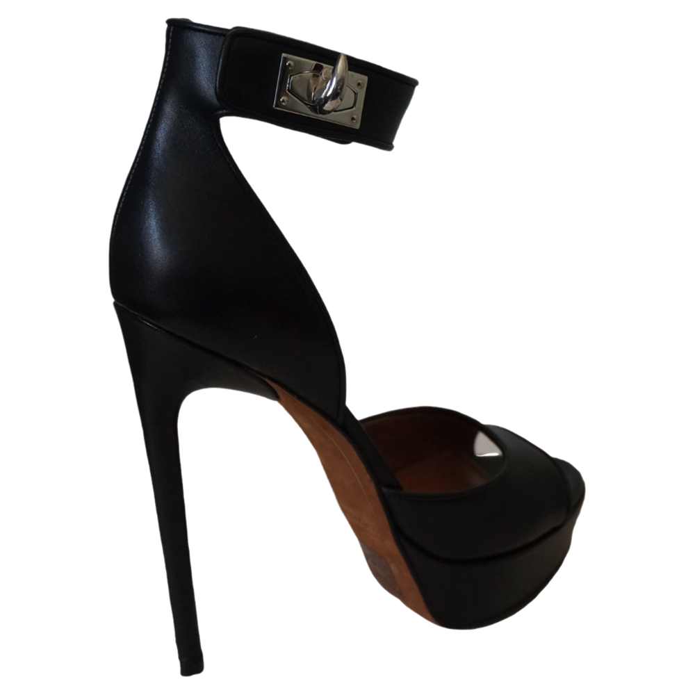 Image of Givenchy Black Calf Leather Shark Tooth Ankle Strap Open Toe Platform Sandals Size