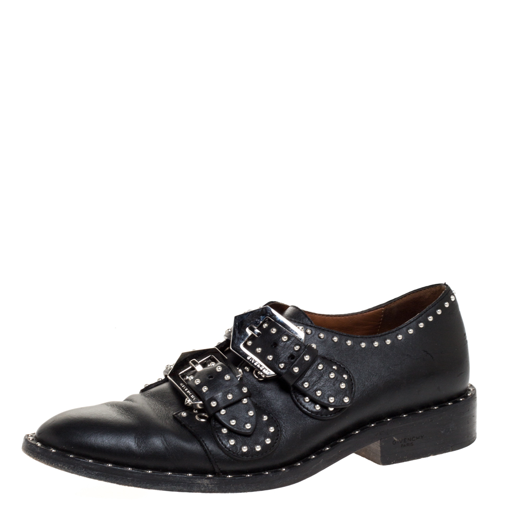 Givenchy Black Leather Studded Double Monk Flats Size 36