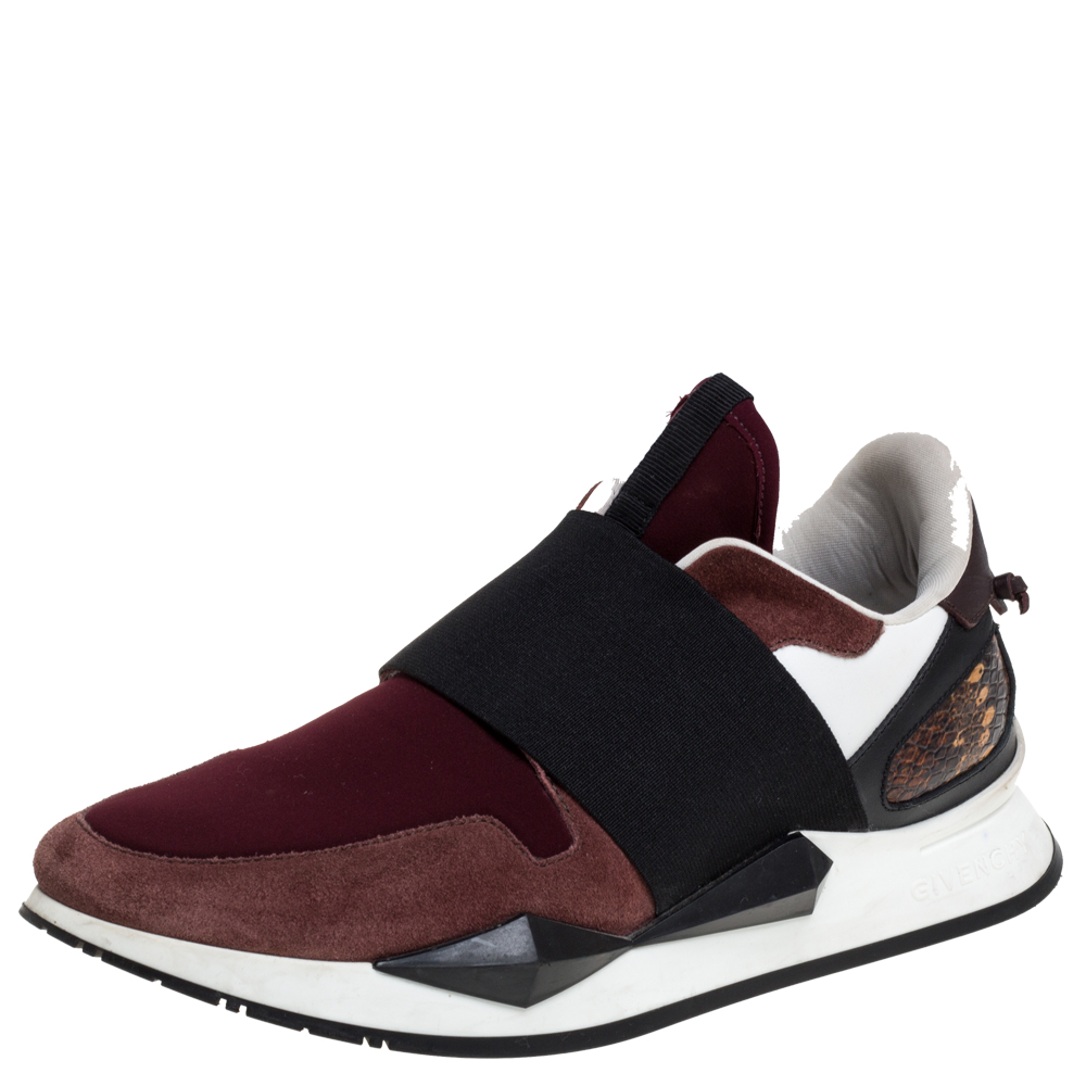 Image of Givenchy Burgundy/Black Suede Leather And Stretch Fabric Active Low Top Sneakers Size