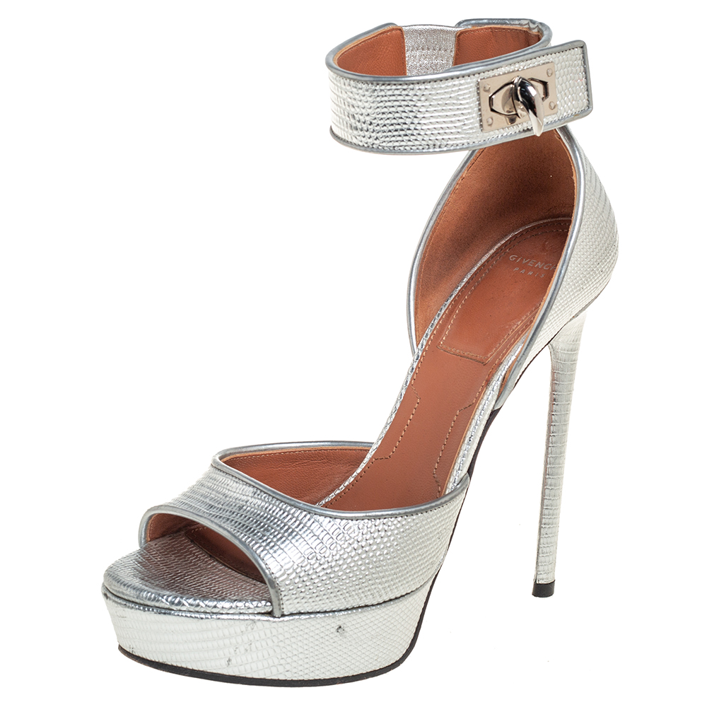 Givenchy Silver Lizard Embossed Leather Shark Lock Ankle Strap Sandals Size 36