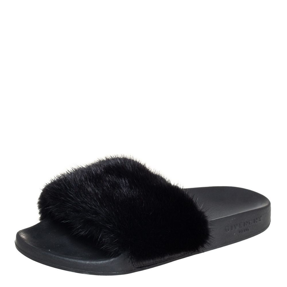 Givenchy Black Mink Fur Flat Slides Size 38