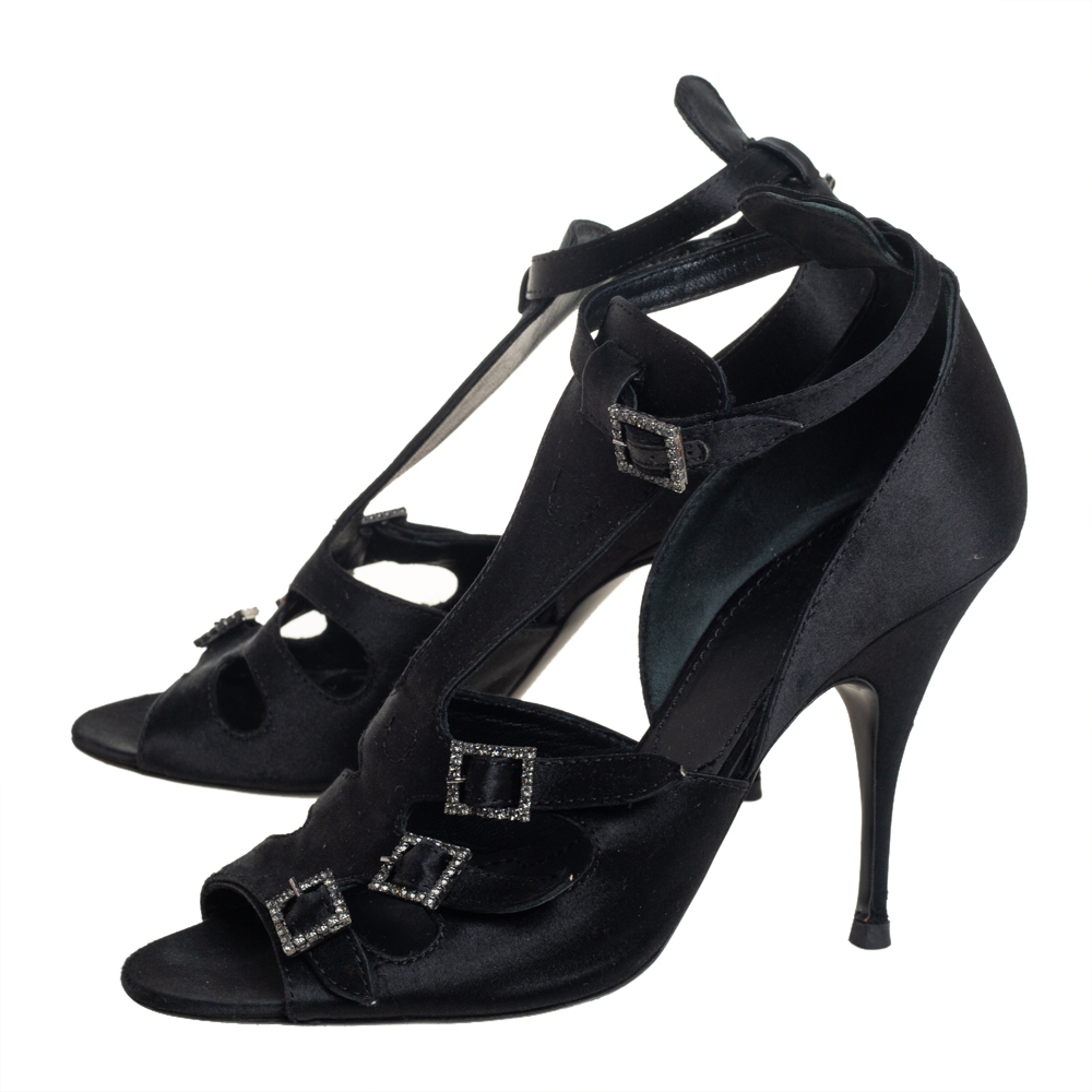 Givenchy Black Satin Cystal Buckle Embellished T-Strap Open Toe Sandals Size 38