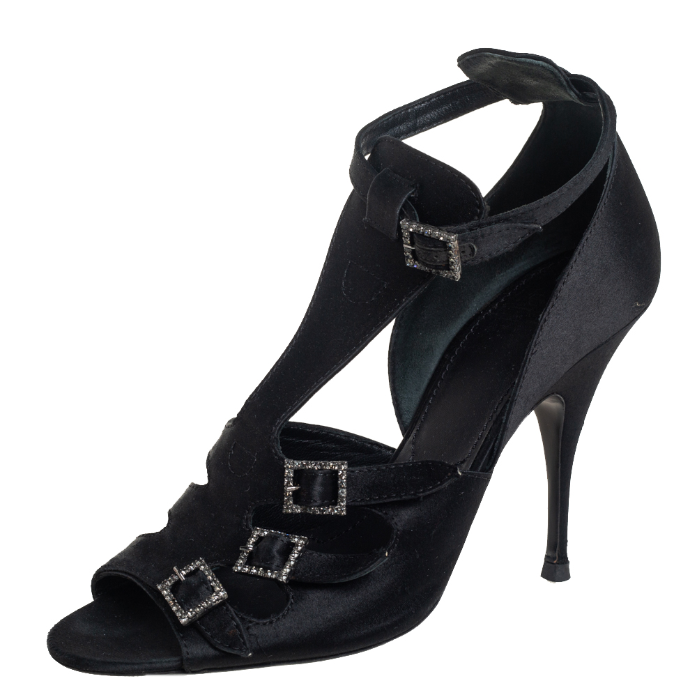 Givenchy Black Satin Cystal Buckle Embellished T-Strap Open Toe Sandals Size 38