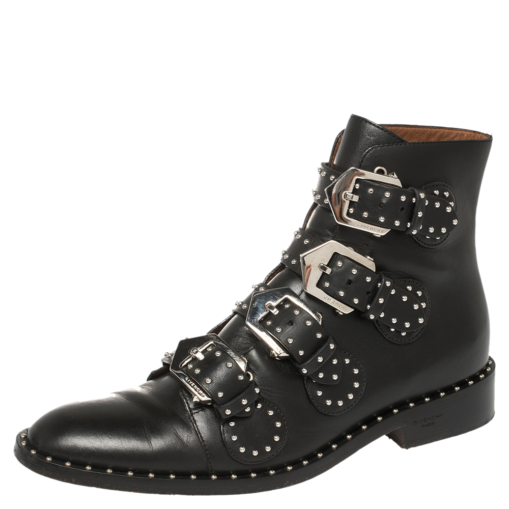 Givenchy Black Leather Multi Strap Studded Ankle Boots Size 38