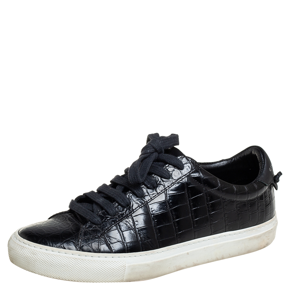 Givenchy Black Croc Embossed Leather Urban Street Sneakers Size 38