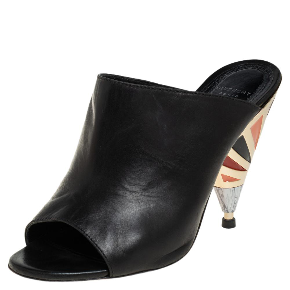Givenchy Black Leather Show Mixed Cone Heel Mules Size 36