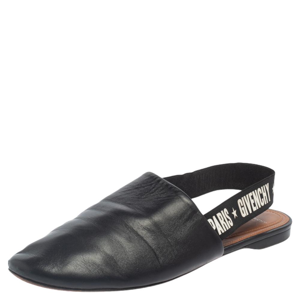 Givenchy Black Leather Rivington Logo Slingback Mules Flats Size 38