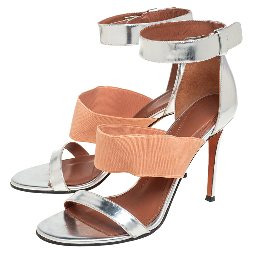 Givenchy Silver Foil Leather And Fabric Ankle Cuff Sandals Size 39
