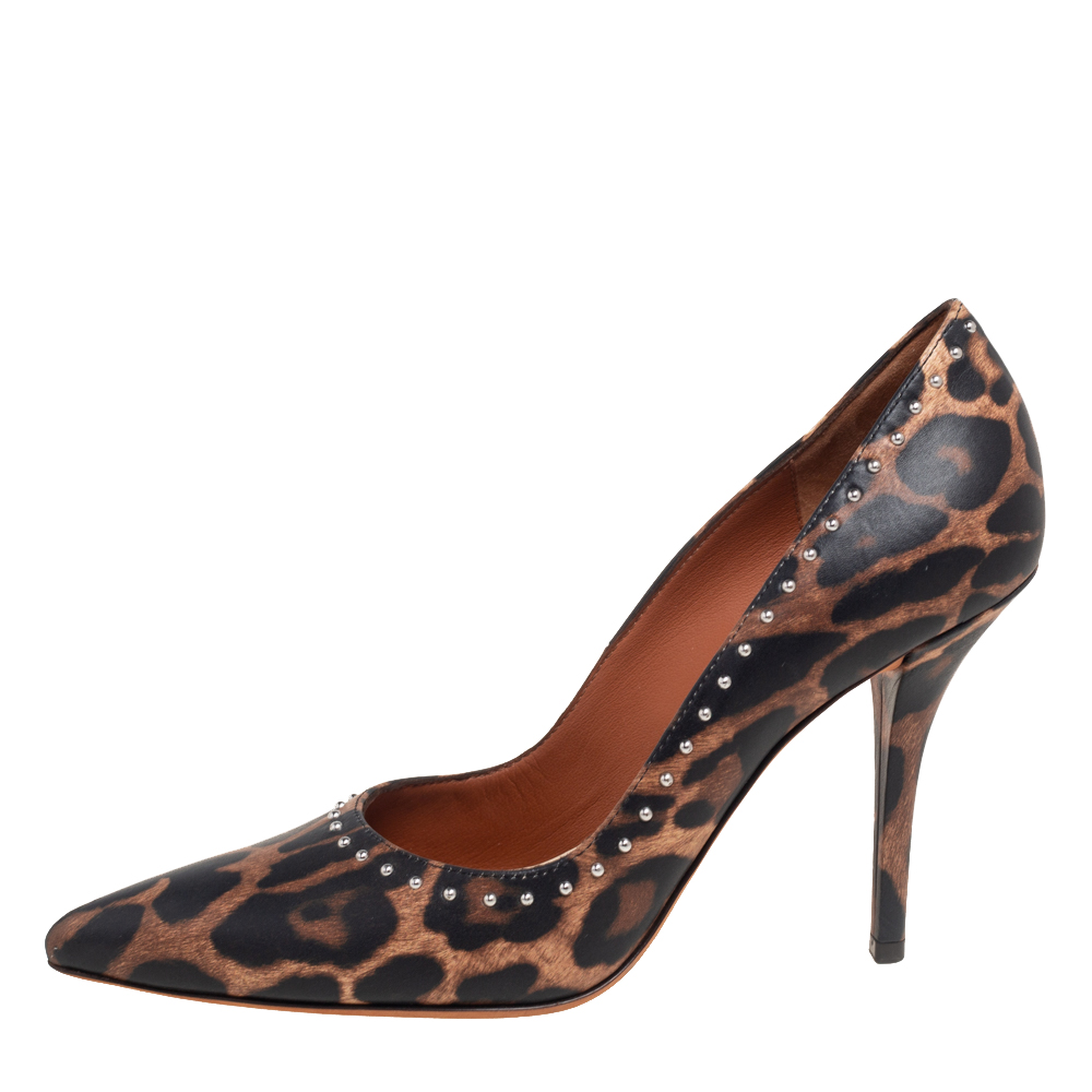 

Givenchy Black/Beige Leopard Print Leather Studded Pointed Toe Pumps Size