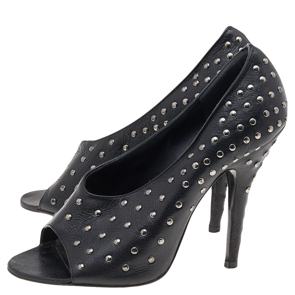 Givenchy Black Leather Studded Open Toe Pumps Size 37