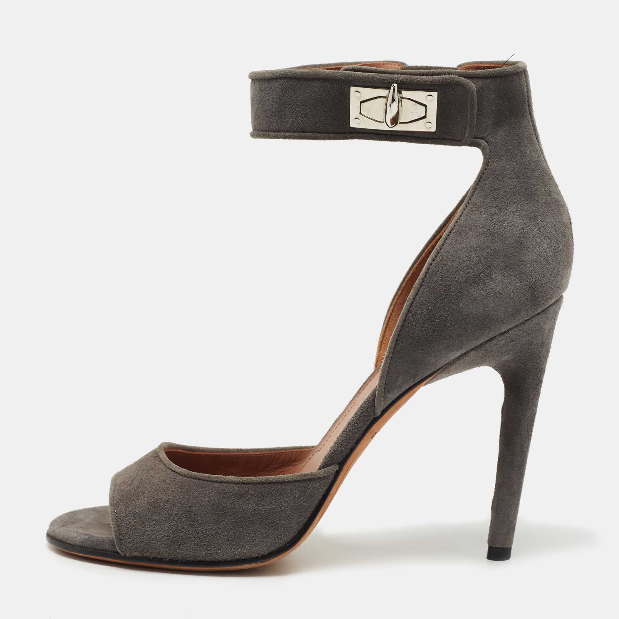 Givenchy grey suede shark tooth lock ankle strap sandals size 37.5