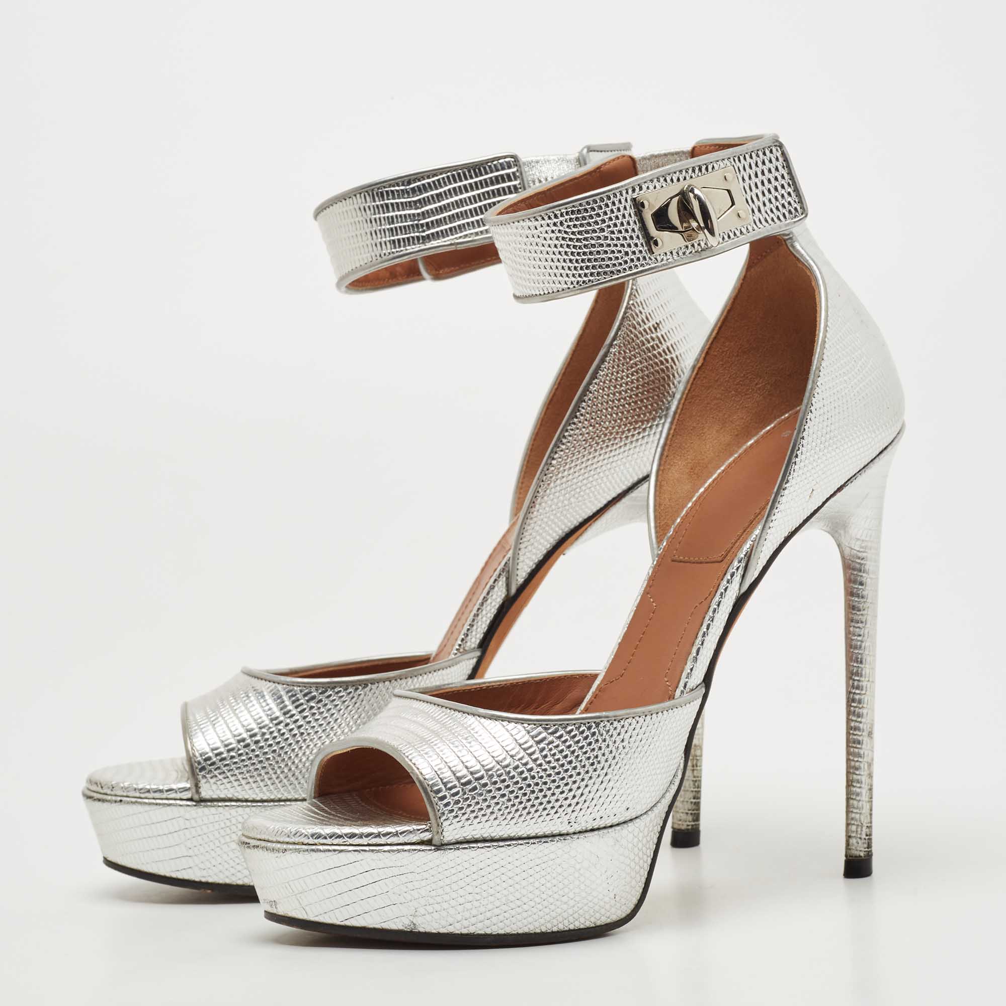 

Givenchy Silver Lizard Embossed Leather Shark Lock Ankle Strap Sandals Size