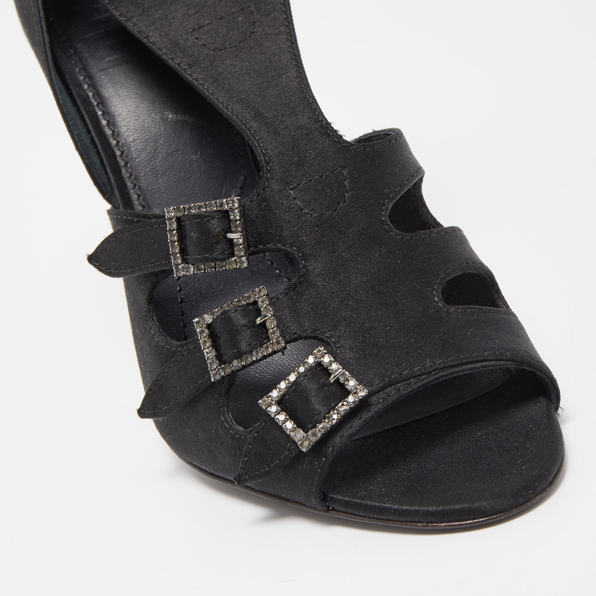 Givenchy Black Satin Crystal Buckle Embellished T Strap Open Toe Sandals Size 38