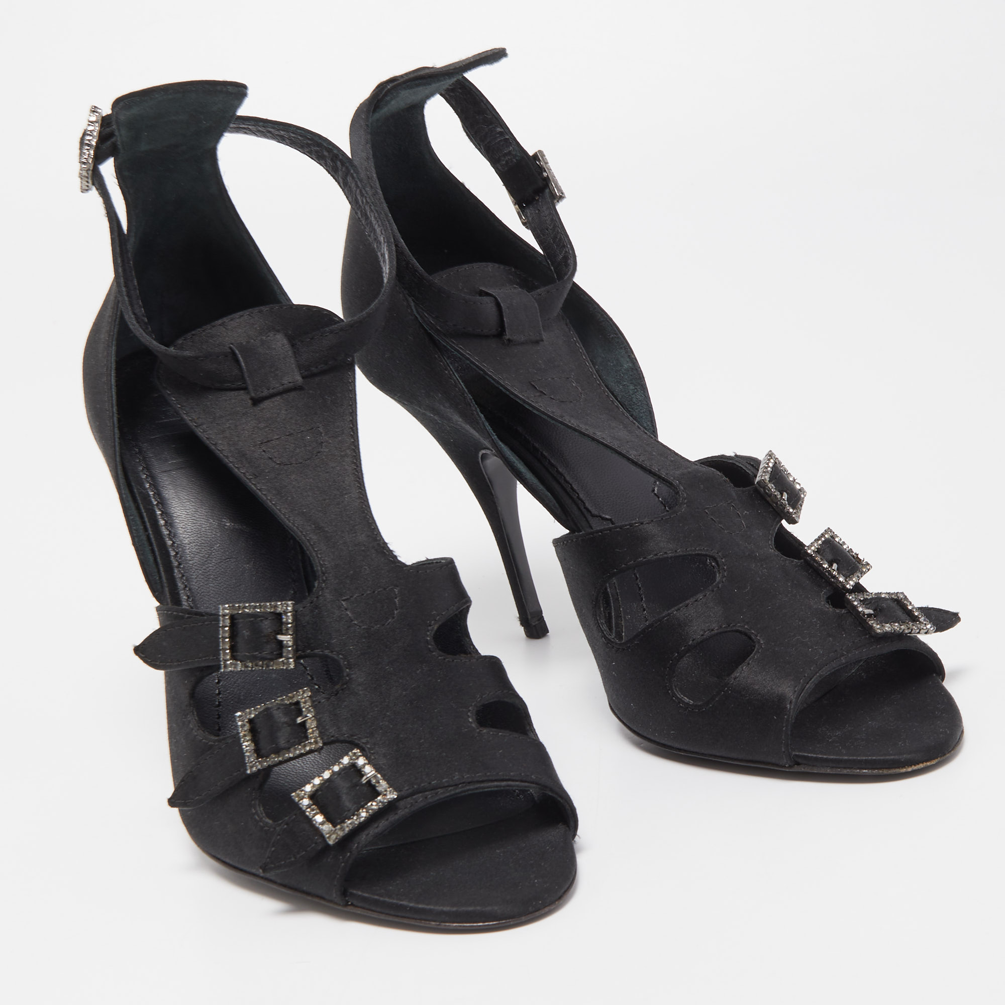 Givenchy Black Satin Crystal Buckle Embellished T Strap Open Toe Sandals Size 38