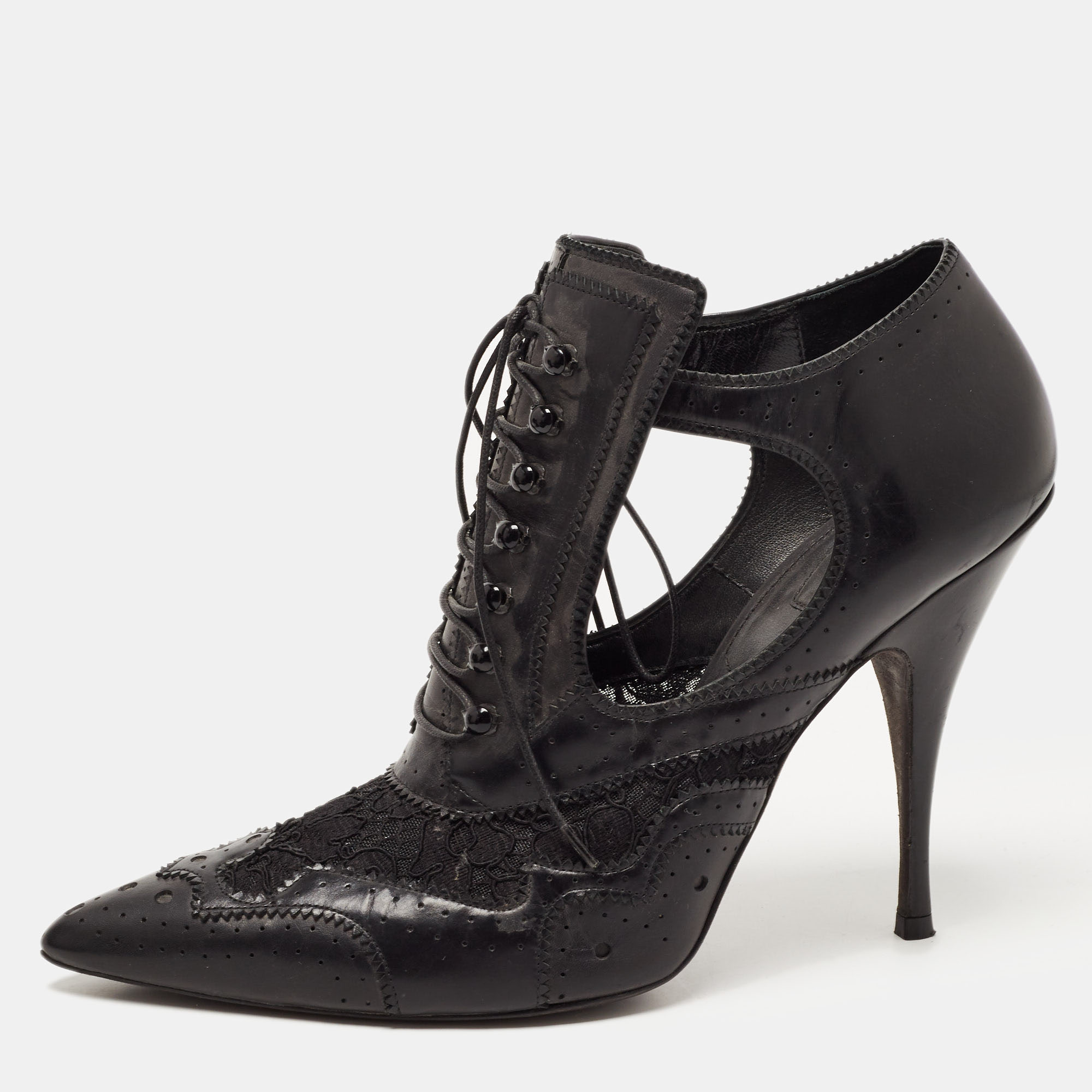 Givenchy Black Leather And Lace Pointed Toe Ankle Boots Size 40
